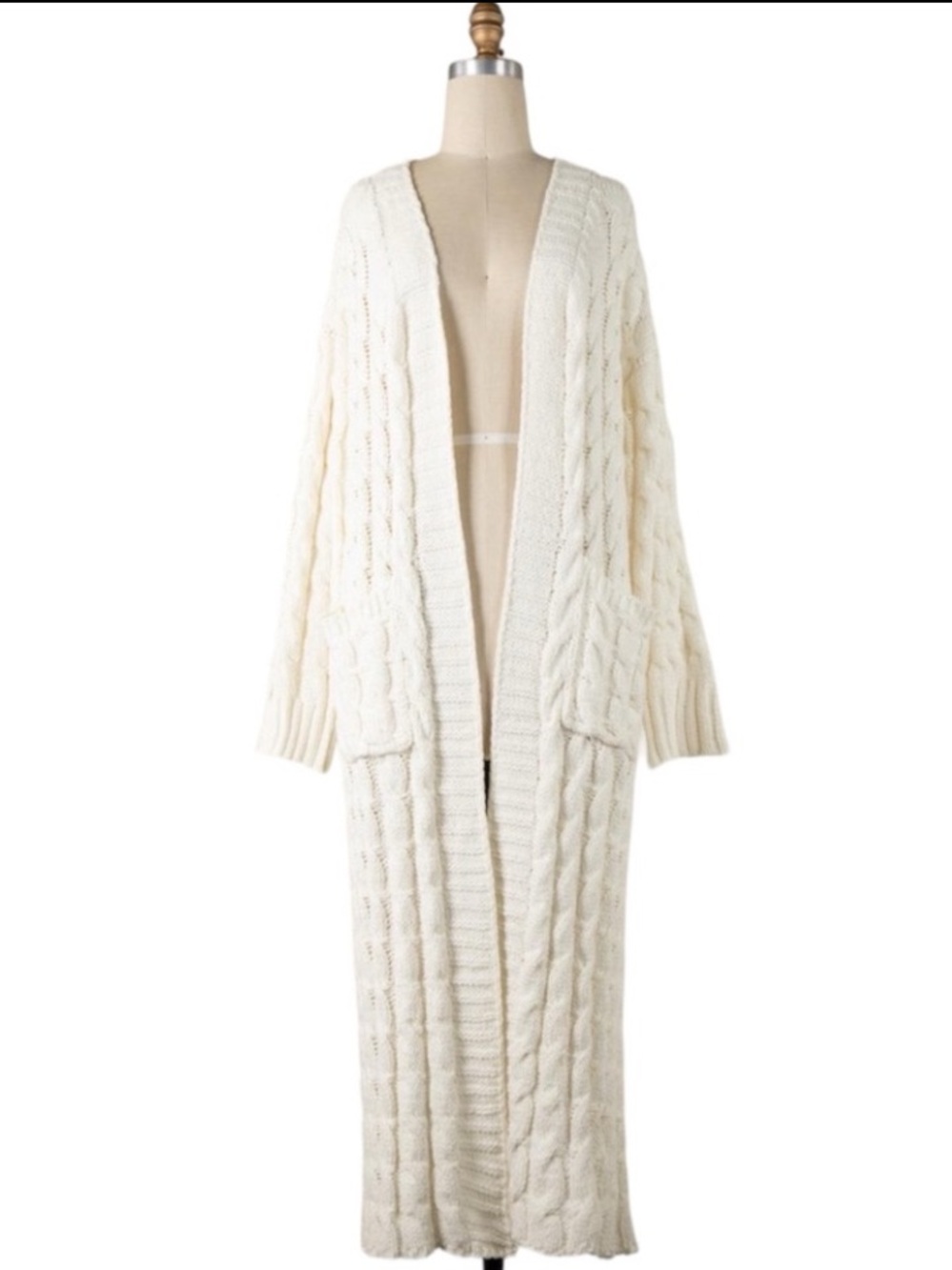Miracle Cream Cable Knit Longline Open Cardigan Sz M/L
